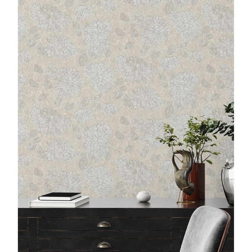 Beige Vliestapete mit silber-grauem Blumenmuster
