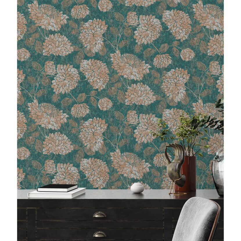 Vliestapete attractive 2 mit Blüten in Beige auf türkisfarbenem Grund