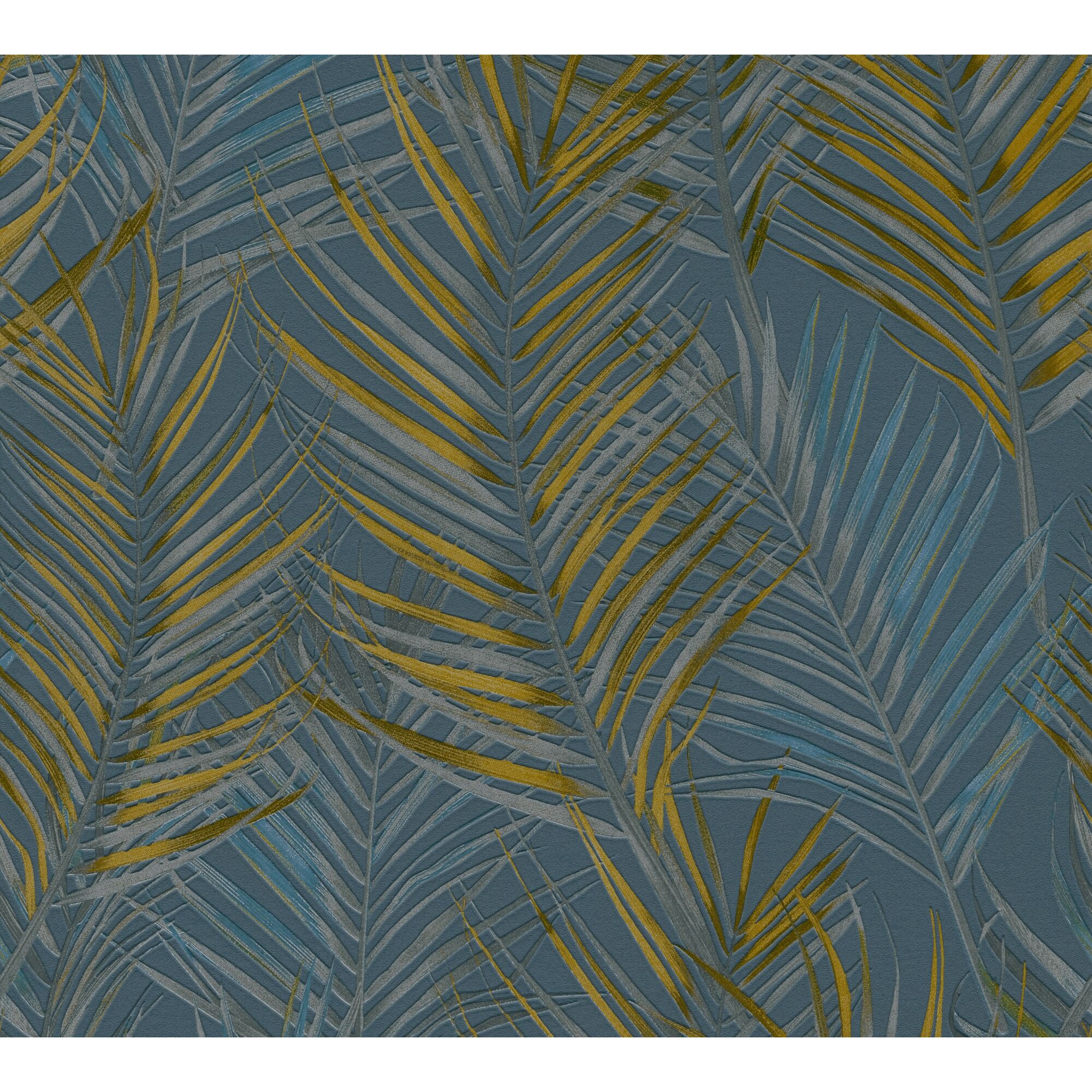 Vliestapete mit goldenen Palmblättern auf blaugrauem Hintergrund