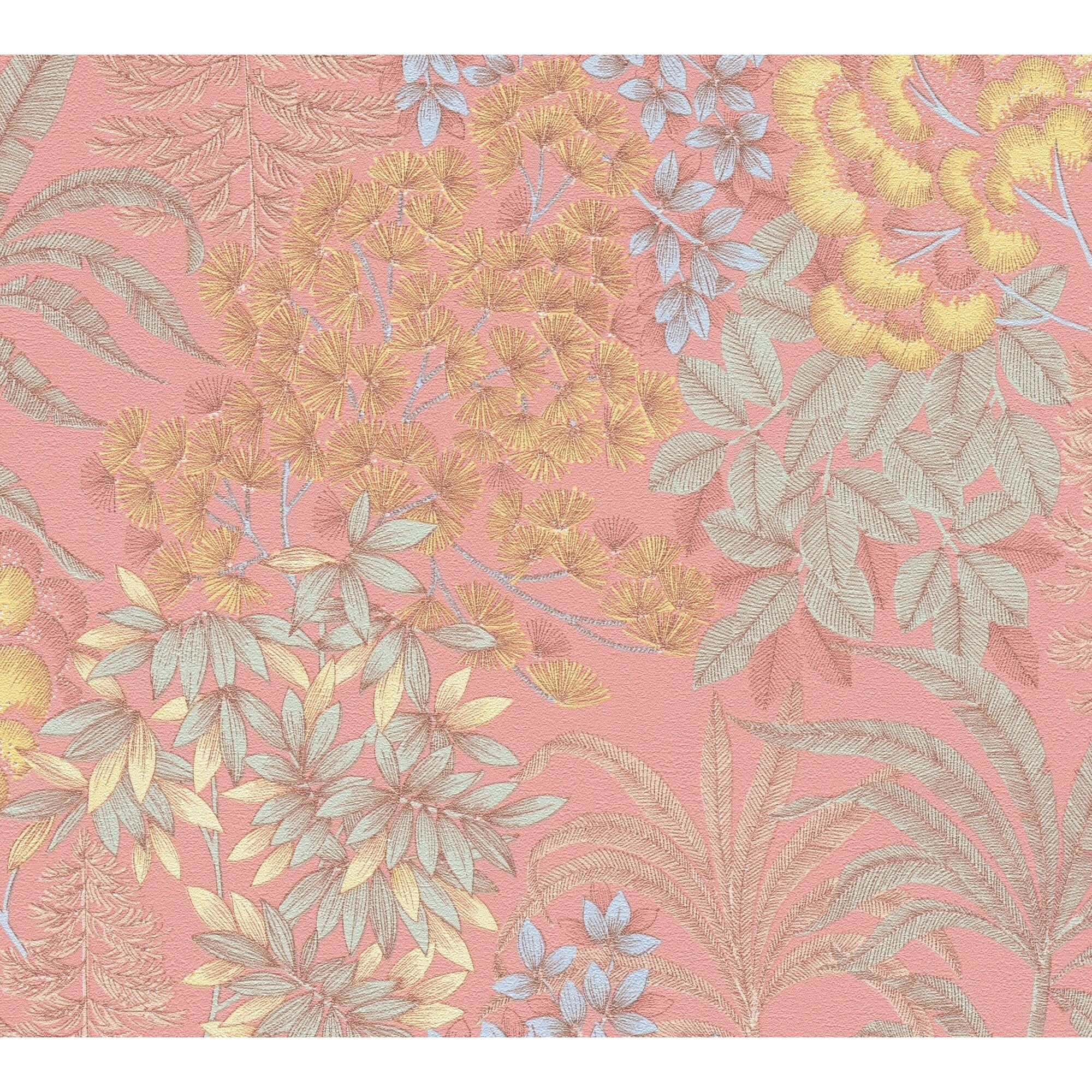 Blumentapete Mesto in Rosa mit verschiedenen Blättern und Blüten