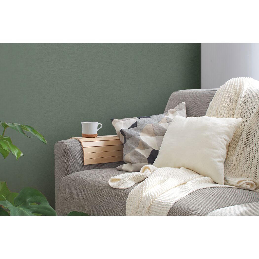 Sofa mit Kissen und Decke vor dunkelgrüner Wand