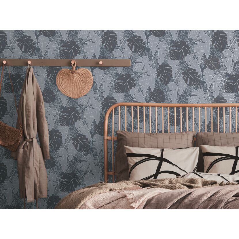 Schlafzimmer mit Vliestapete Bananenblatt
