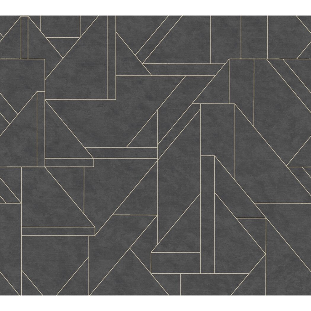 Anthrazitfarbene Vliestapete mit geometrischem Muster in Beige