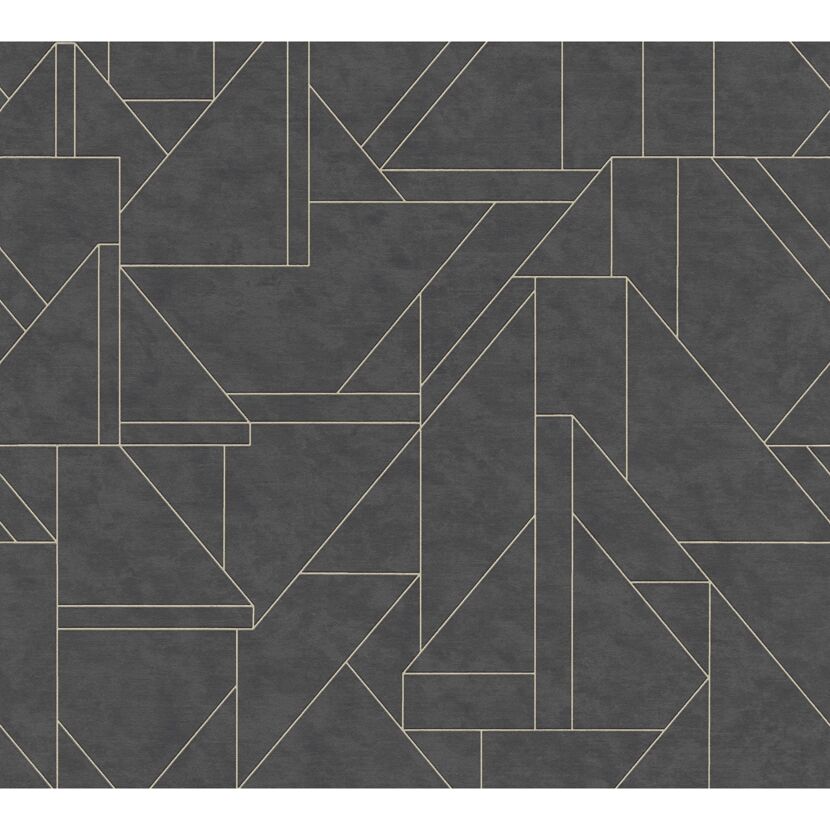 Anthrazitfarbene Vliestapete mit geometrischem Muster in Beige