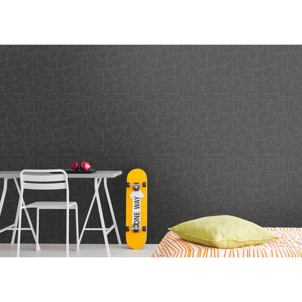 Jugendzimmer mit geometrisch gemusterter Vliestapete in Anthrazit