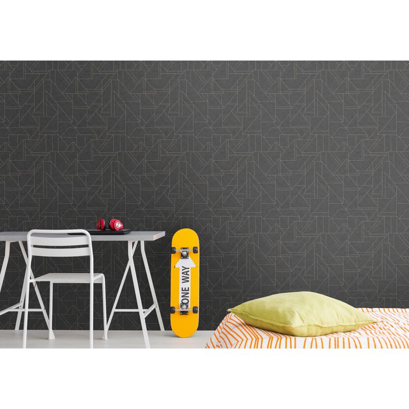 Jugendzimmer mit geometrisch gemusterter Vliestapete in Anthrazit