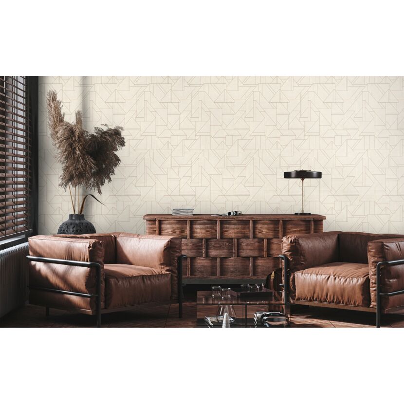 Wohnzimmer mit geometrischer Vliestapete in Beige