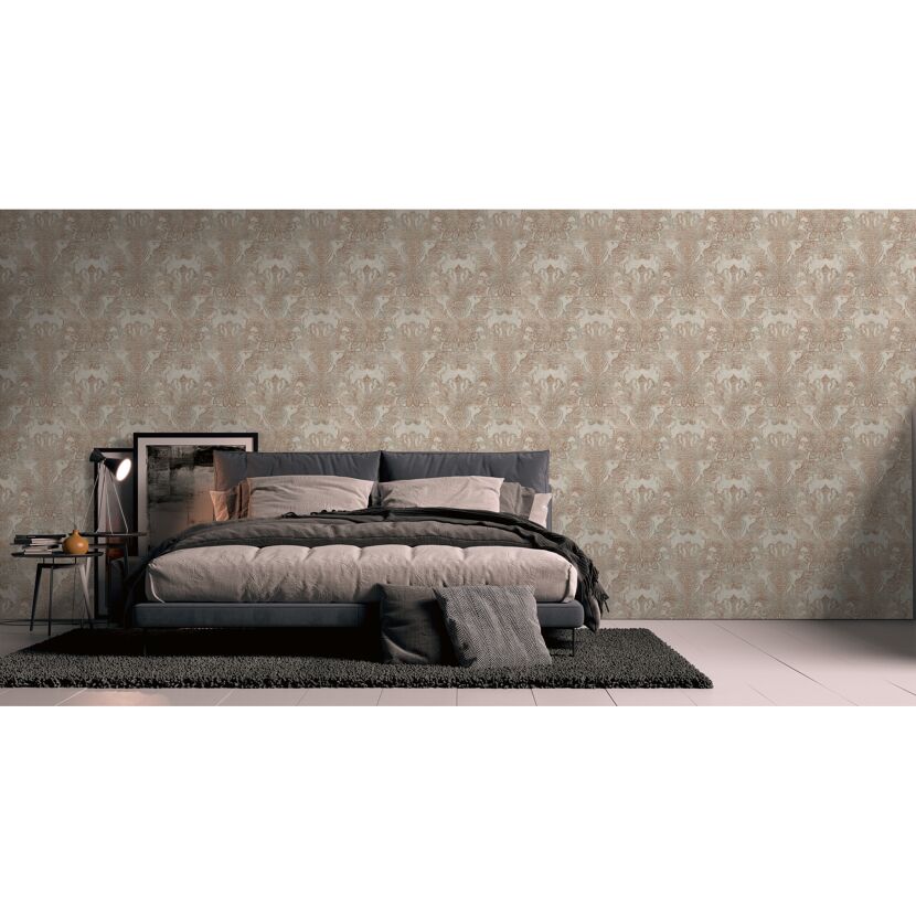 Schlafzimmer mit Barocktapete Mesto in Beige