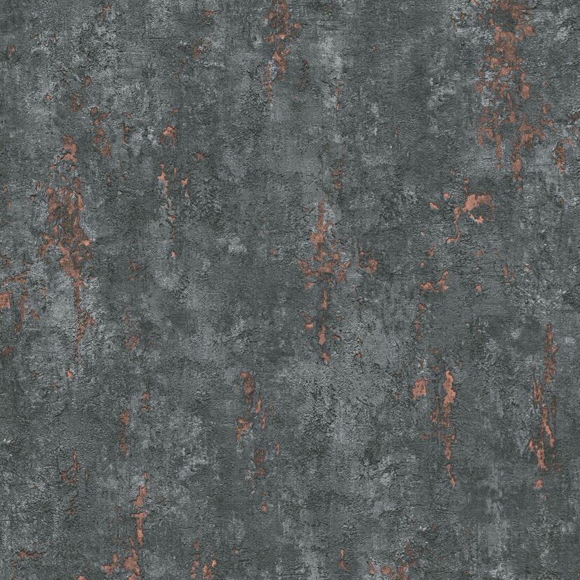 Graue Vliestapete mit kupferfarbener Patina