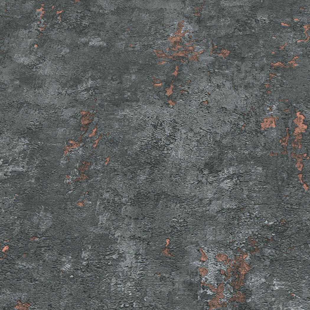 Anthrazitfarbene Vliestapete mit kupferfarbener Patina