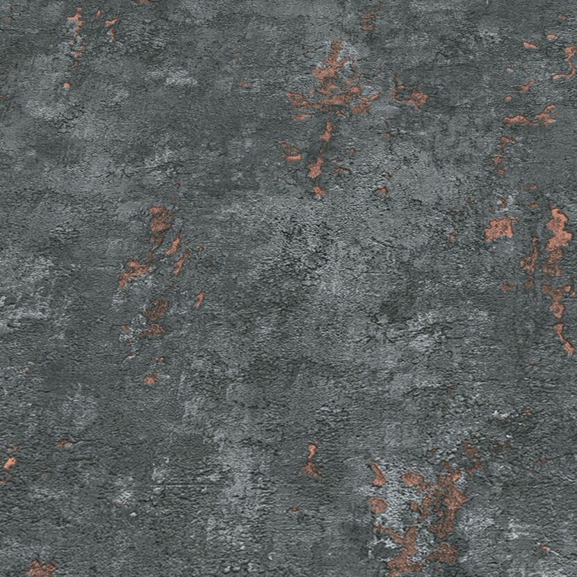 Anthrazitfarbene Vliestapete mit kupferfarbener Patina