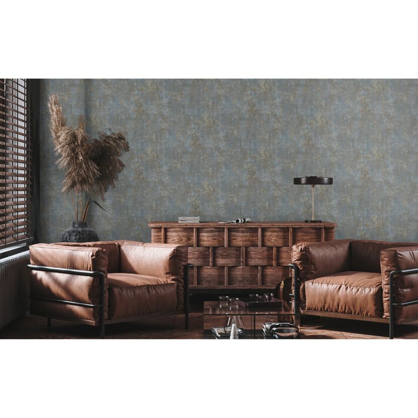 Wohnzimmer mit blauer Betonoptik-Tapete