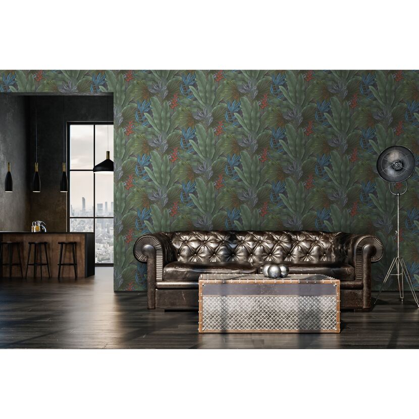 Wohnzimmer mit Dschungeltapeten