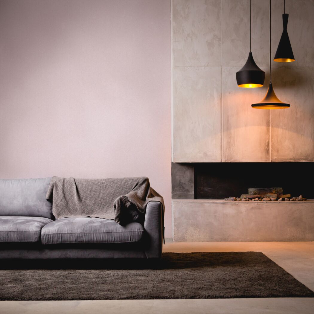 Graues Sofa mit Decke und Kamin