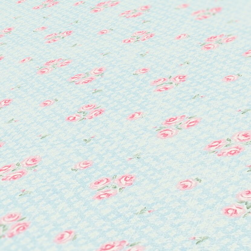 Blaue Tapete mit rosa Rosenmuster