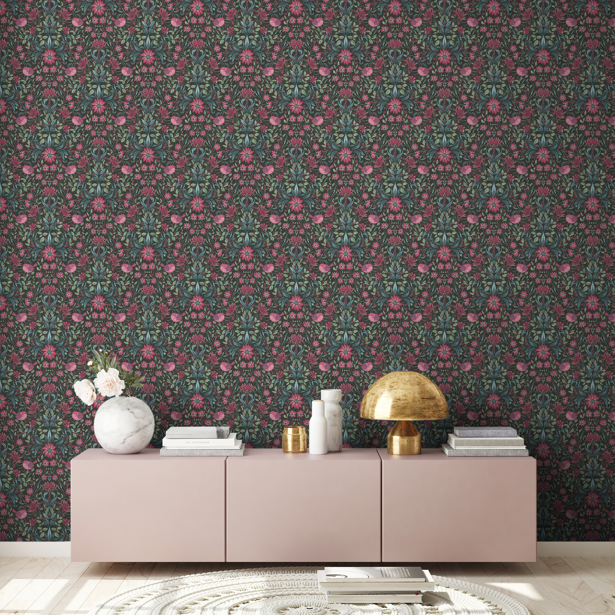 Vliestapete 'Maison Charme' opulentes Blumenmuster schwarz/pink 0,53 x 10,05 m + product picture