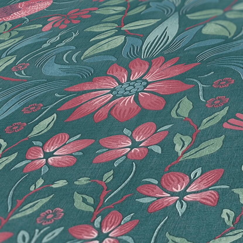 Grün-rote Tapete mit Blumenmuster