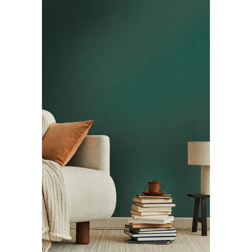 Sofa und Bücherstapel vor grüner Wand