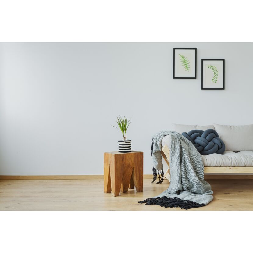Holzhocker, Sofa und Bilderrahmen mit Pflanzenmotiv an einer Wand.