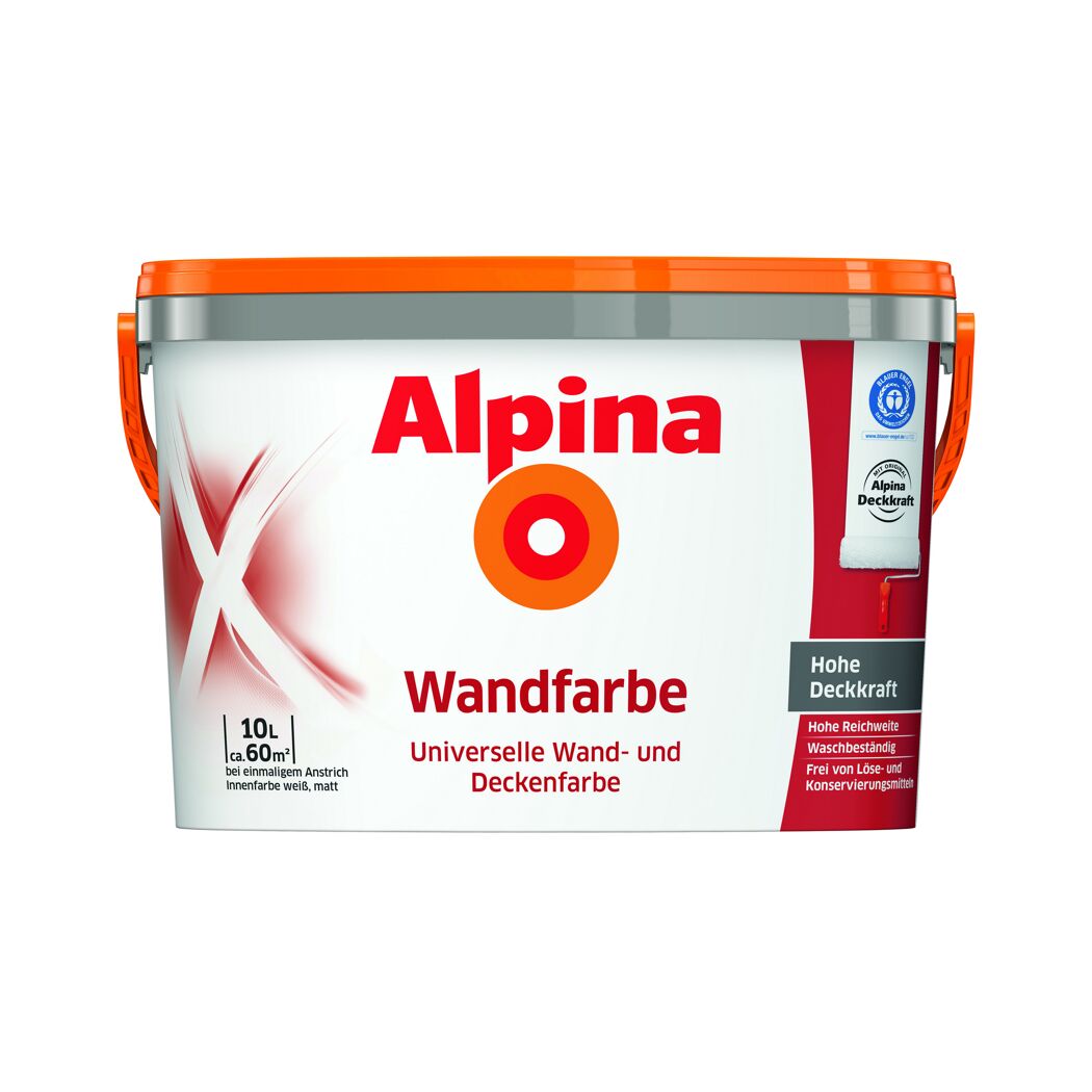 Weißer Alpina Farbeimer mit orangefarbenem Deckel und Griff