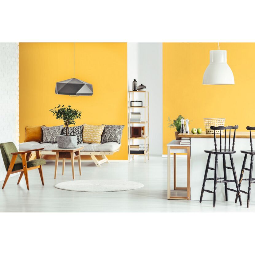Wohnzimmer und Esszimmer mit gelber Wandfarbe