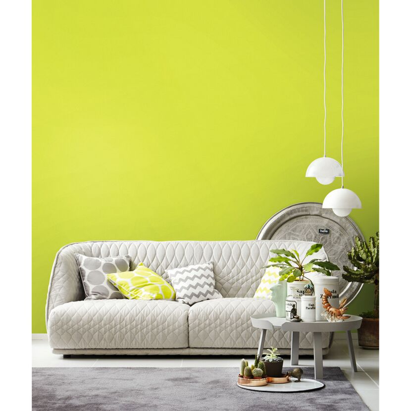 Wohnzimmer mit hellgrüner Wand und weißem Sofa