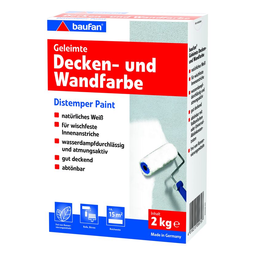 2 kg Decken- und Wandfarbe von baufan mit Farbrolle