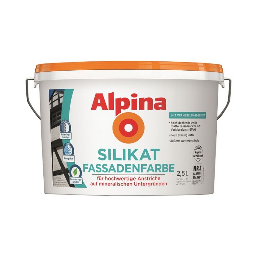 Weißer Eimer Alpina Silikat Fassadenfarbe 2,5l