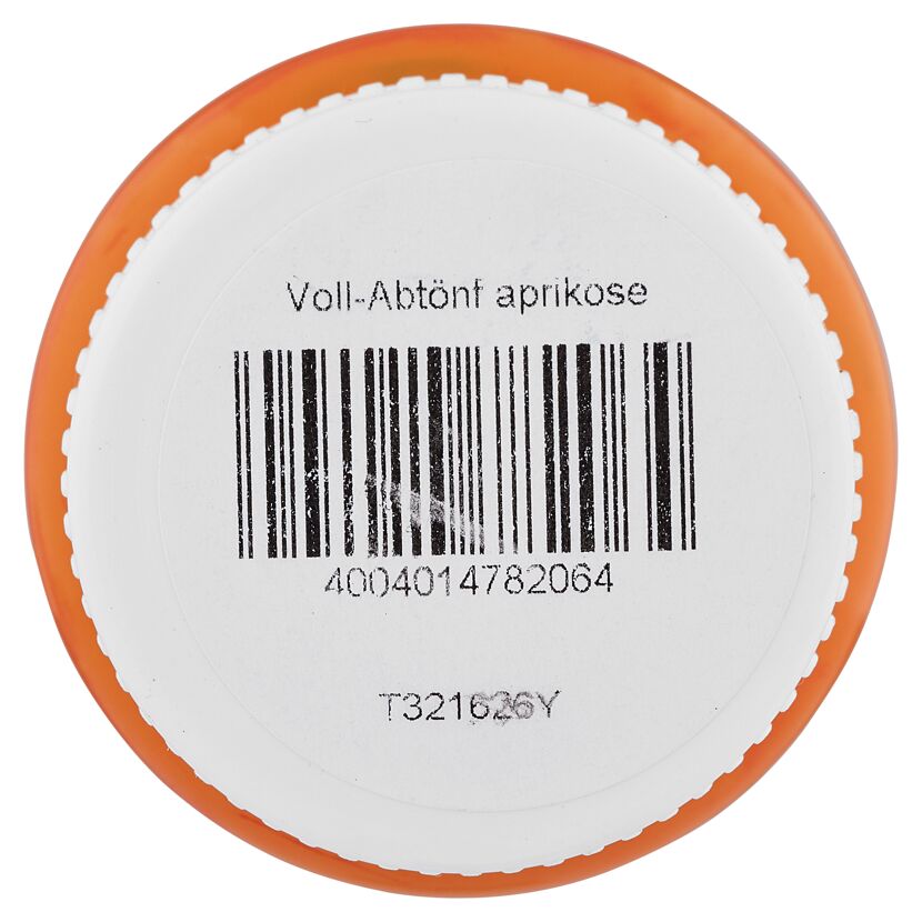 Verschlussdeckel einer Farbdose mit Barcode und Bezeichnung "Voll-Abtönf aprikose"