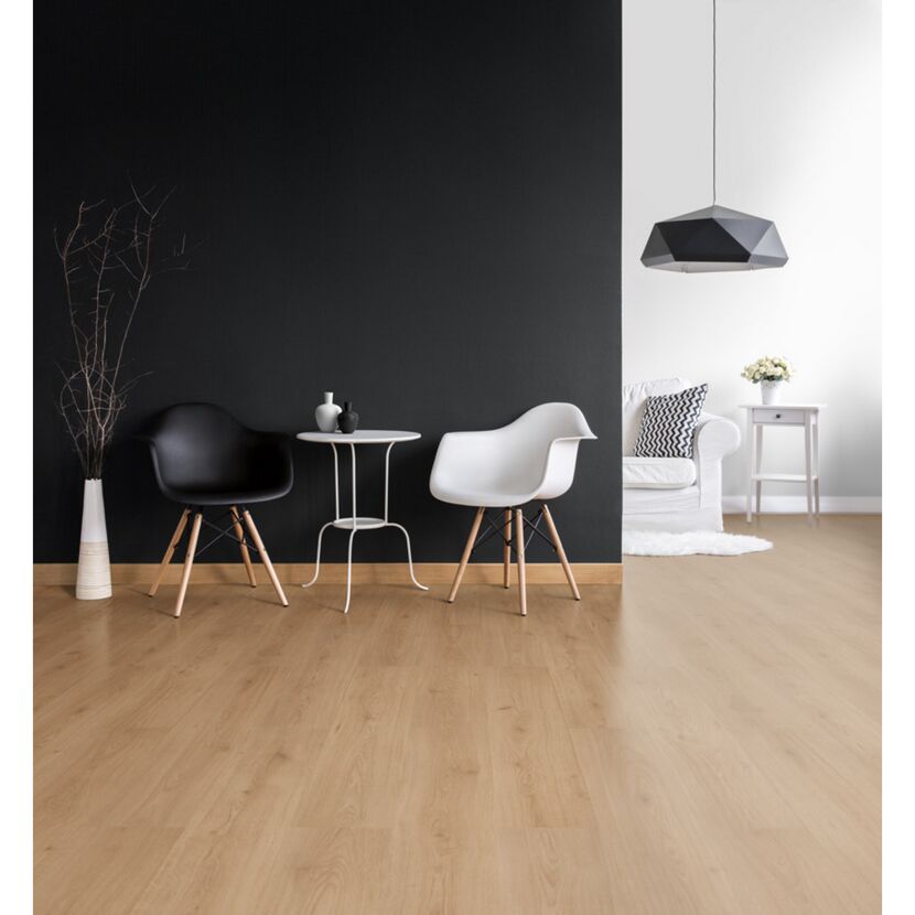 Wohnzimmer mit schwarzer Wand und hellem Holzfußboden