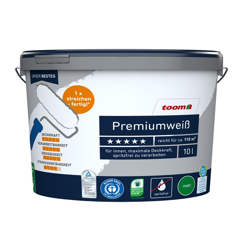 Weißer Farbeimer mit der Aufschrift "toom Premiumweiß"