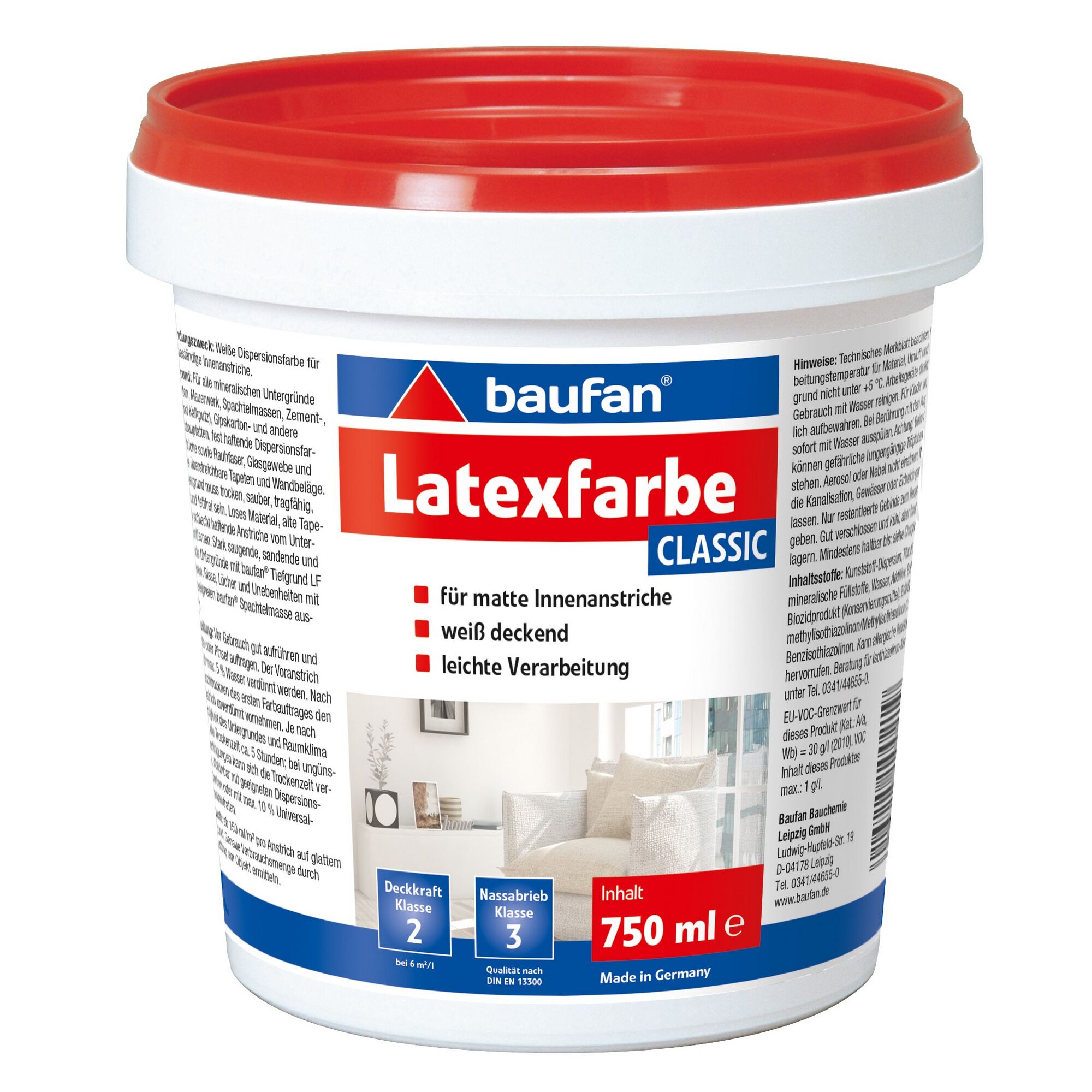 Weiße Latexfarbe von baufan Classic, 750 ml