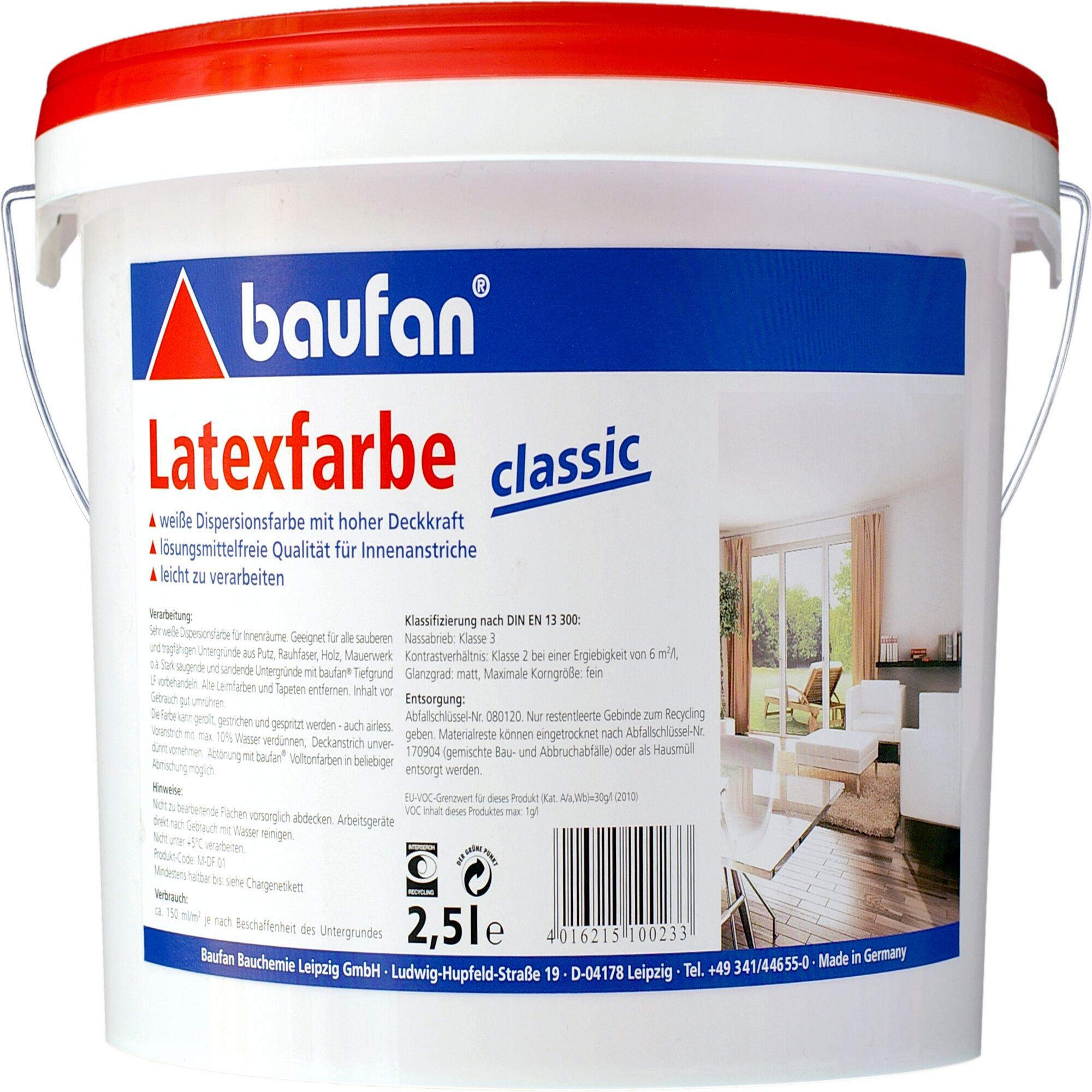 Weißer Farbeimer mit rotem Deckel, 2,5l