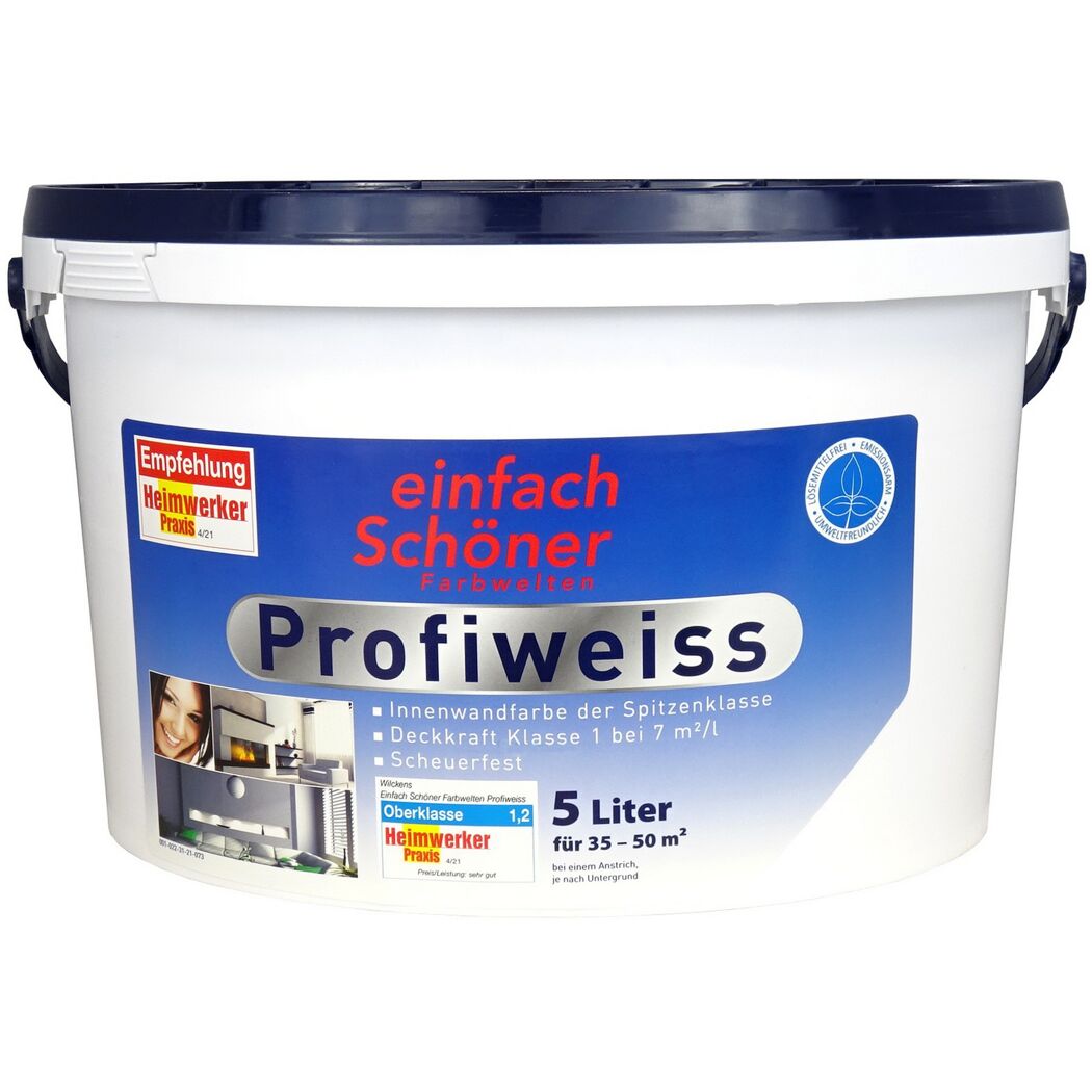 Weißer Farbeimer mit Produktinformationen.