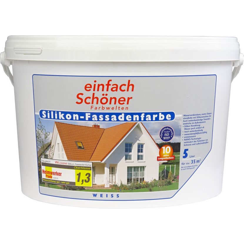 Weißer Eimer mit 5 Litern Silikon-Fassadenfarbe