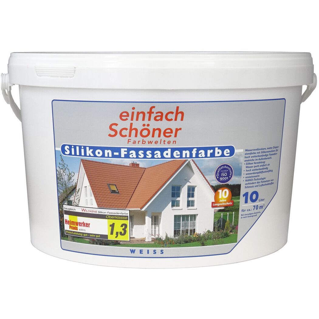 Weißer Eimer mit weißer Farbe und Hausbild