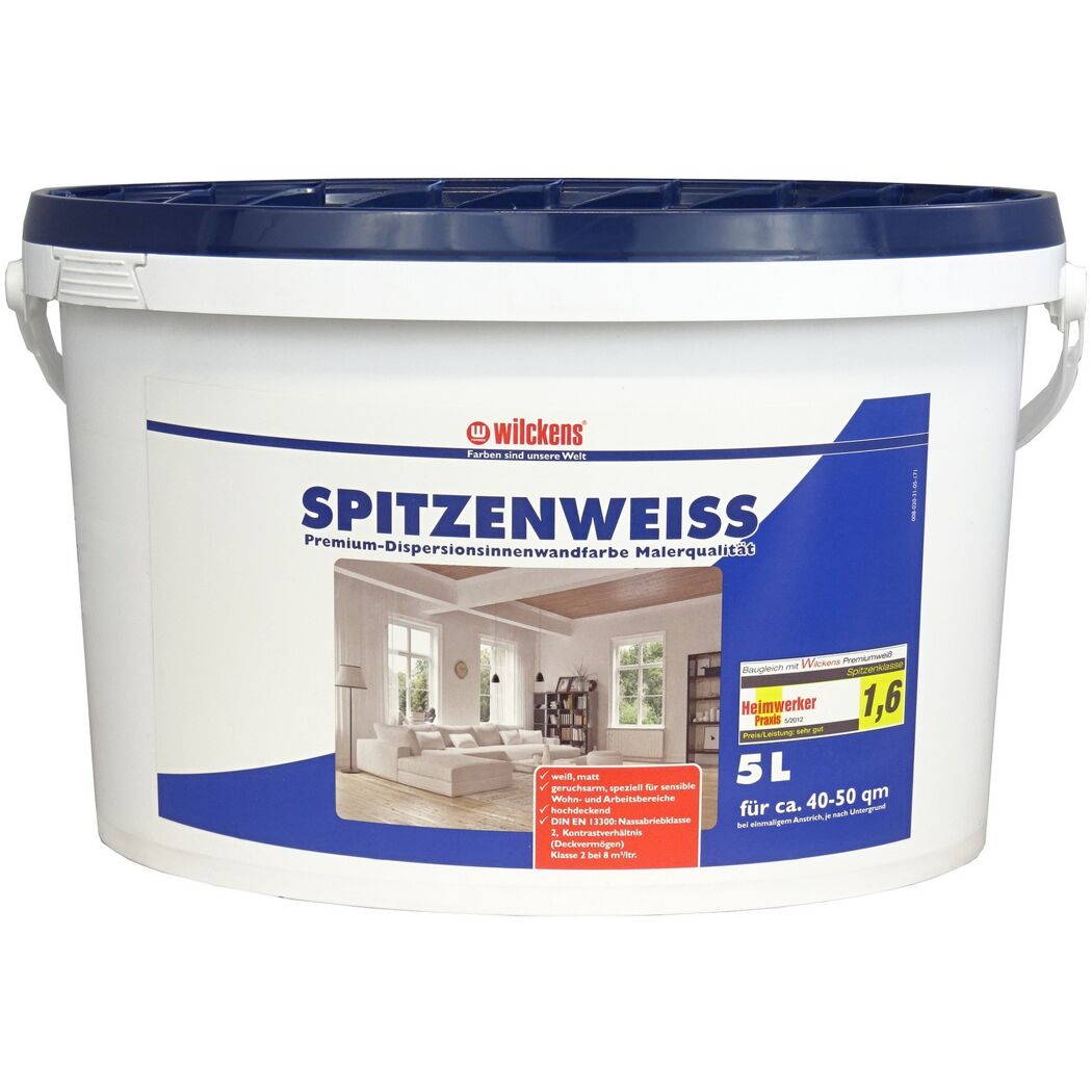 Weißer Farbeimer mit blauem Deckel und Griff.