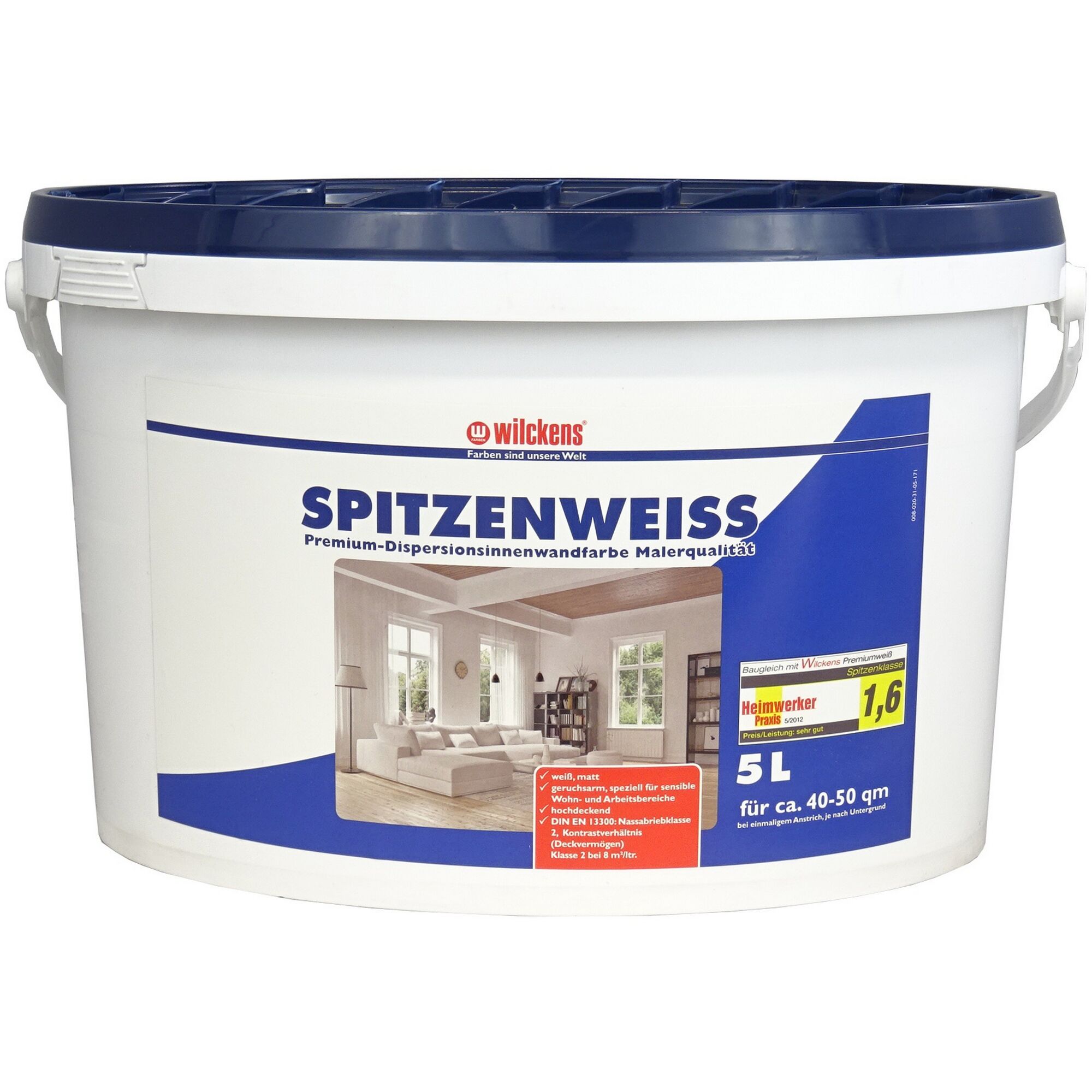 Weißer Farbeimer mit blauem Deckel und Griff.