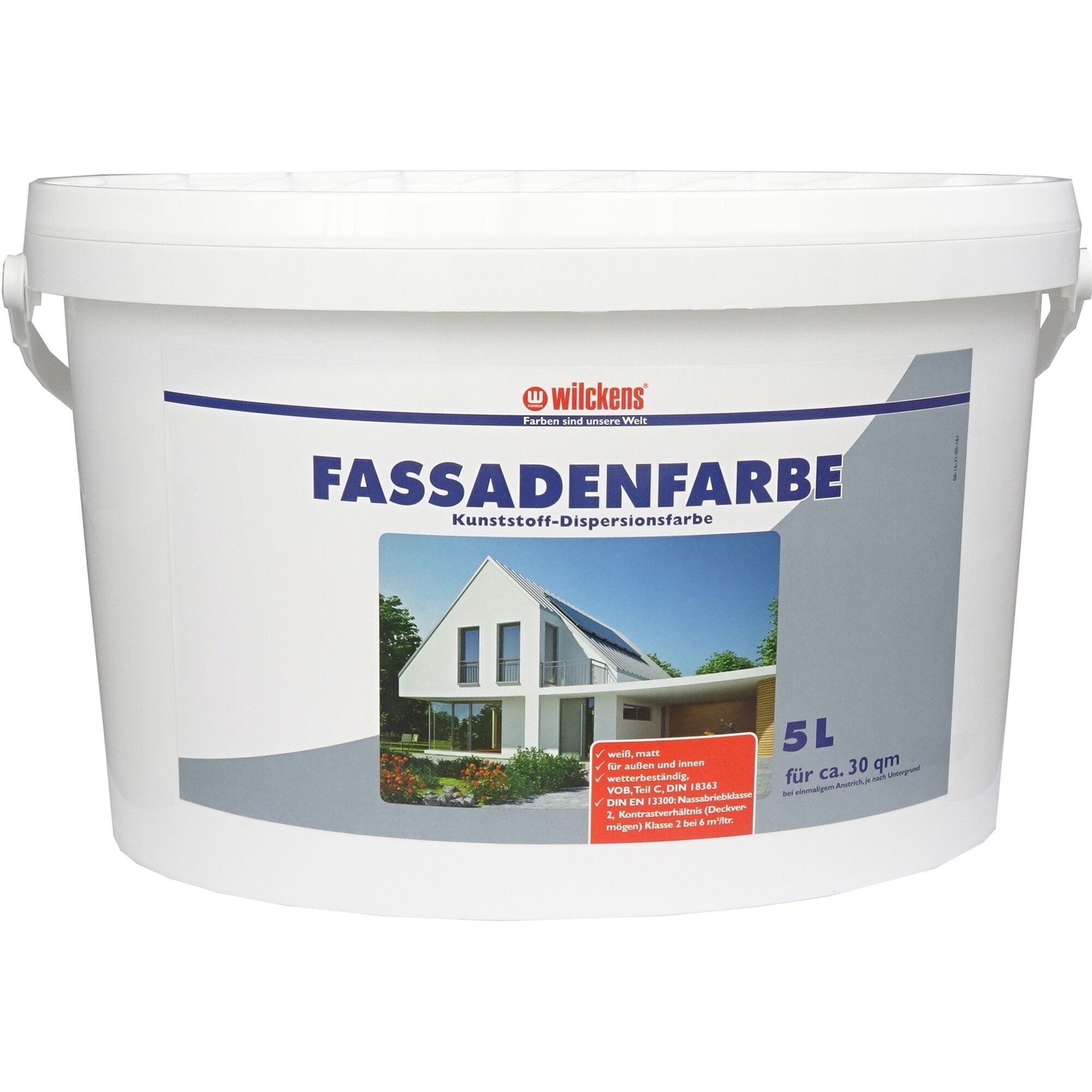 Weißer Eimer mit Fassadenfarbe und Hausbild
