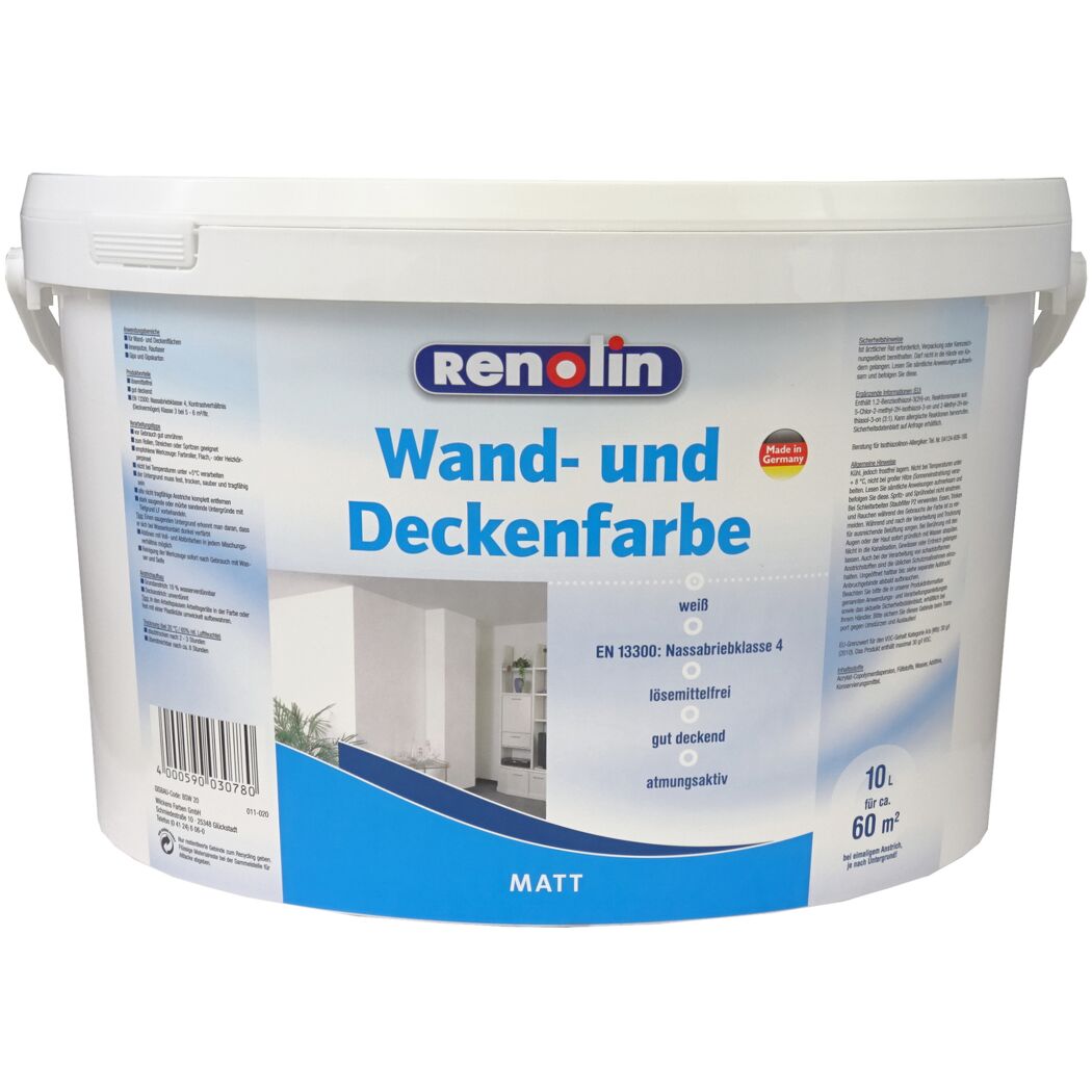 Weißer Farbeimer Renolin Wand- und Deckenfarbe