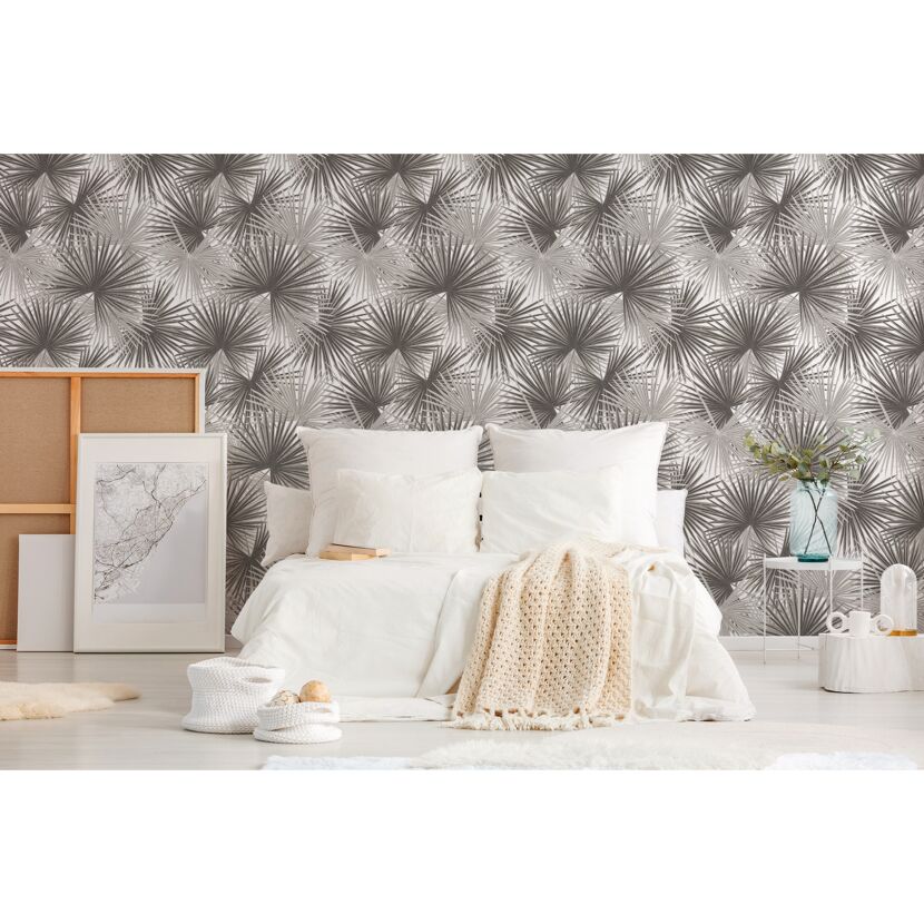 Schlafzimmer mit Palmentapete