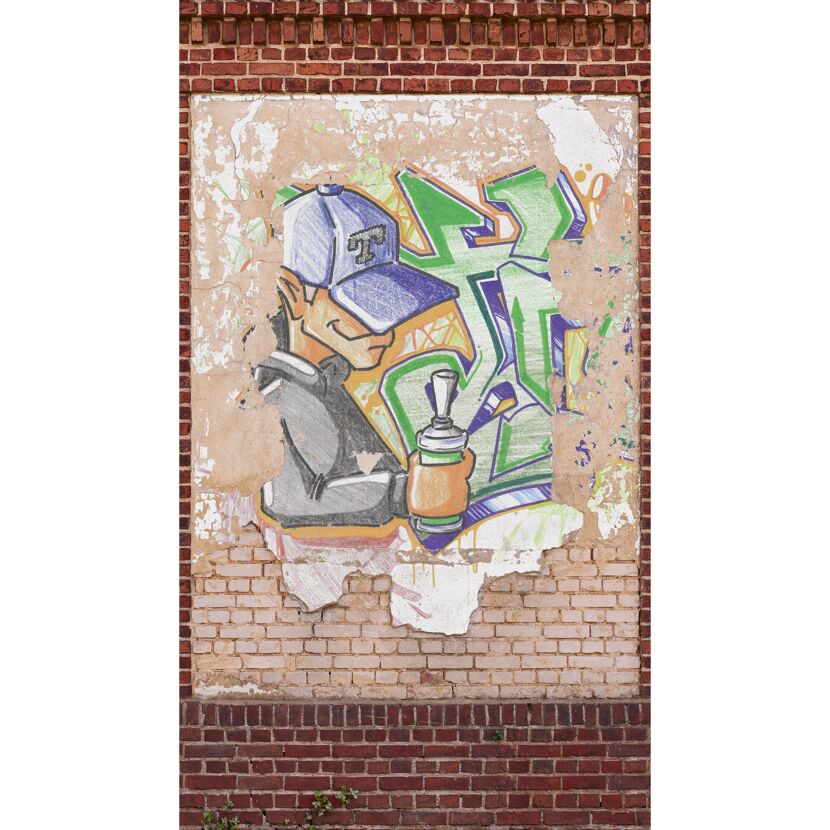 Graffiti an einer Backsteinmauer, Person mit Sprühdose