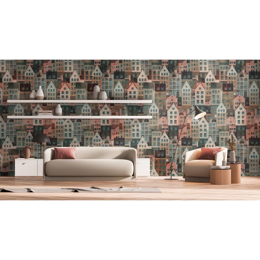 Wohnzimmer mit Fototapete Häuser