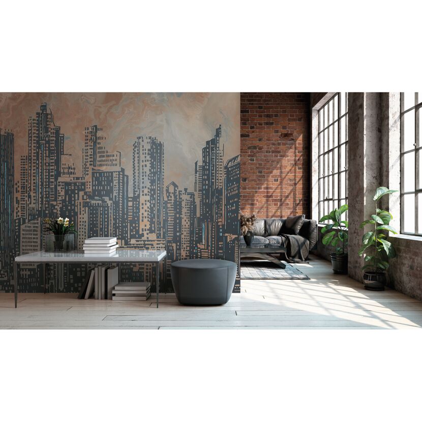 Wohnzimmer mit Fototapete Skyline