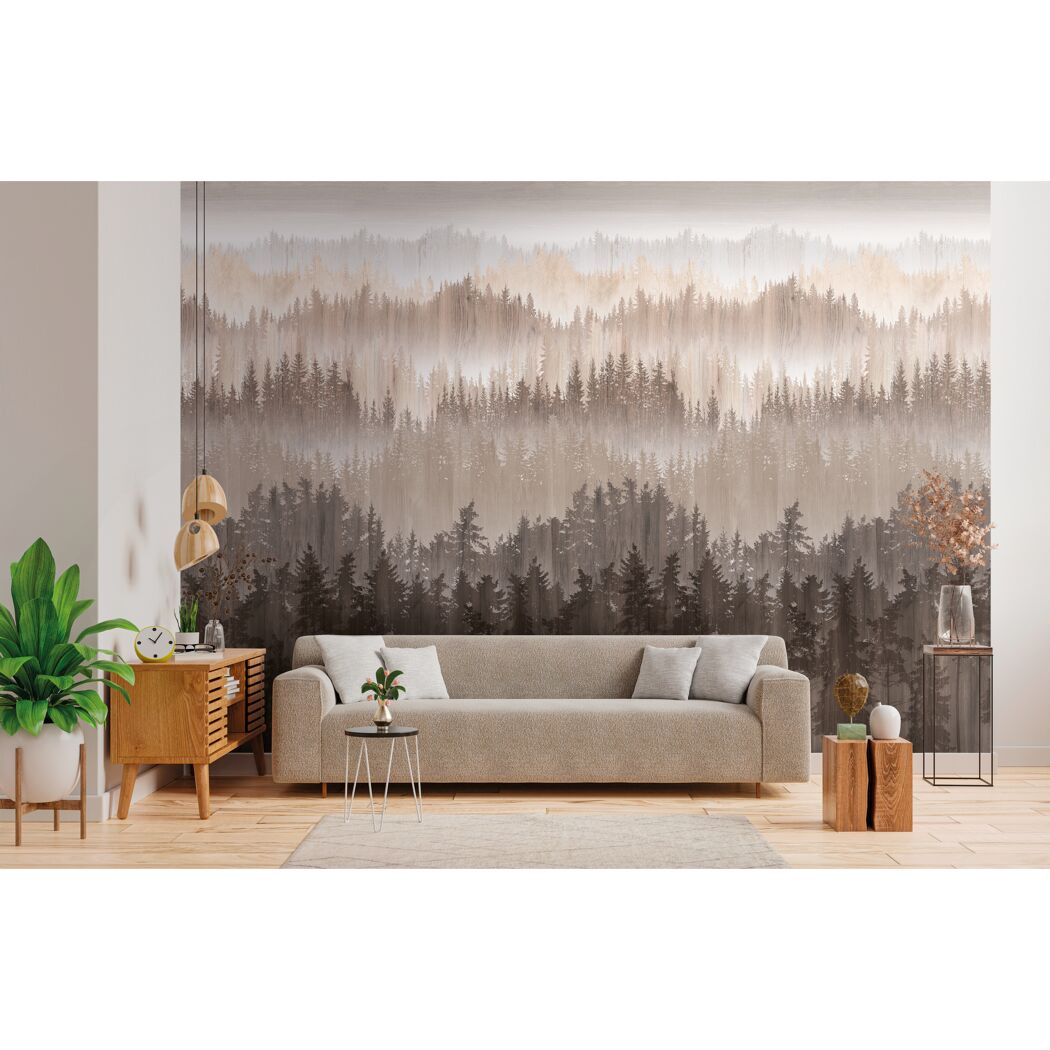 Wohnzimmer mit Fototapete Wald