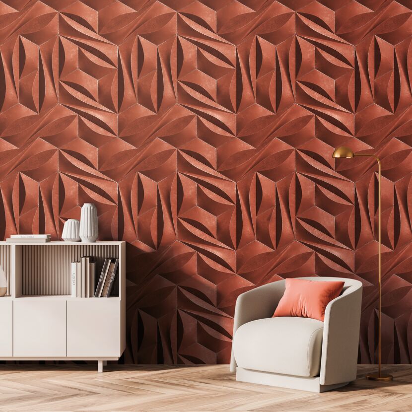 Sessel und Regal vor gemusterter Wand