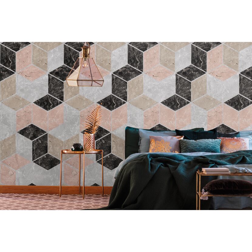 Schlafzimmer mit geometrischer Tapete