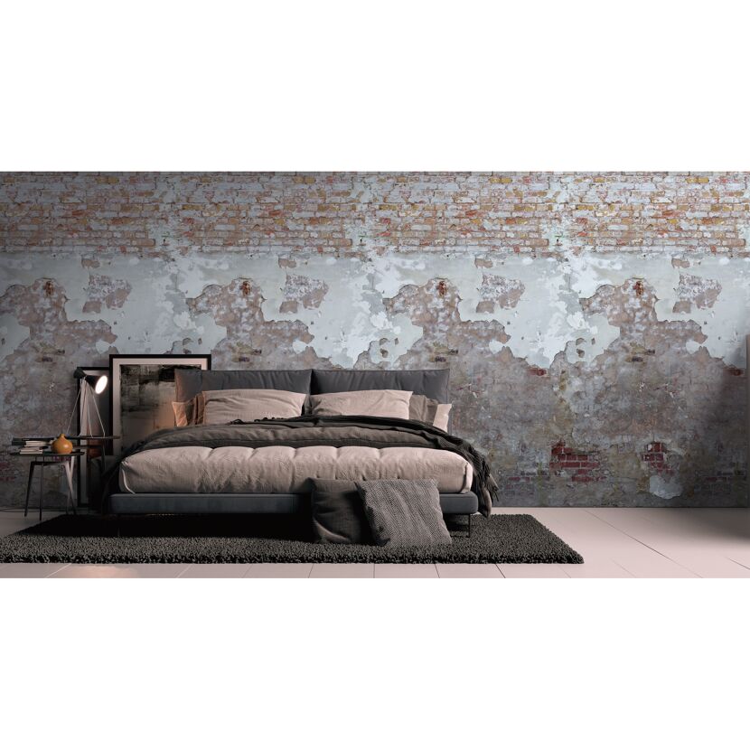 Schlafzimmer mit Fototapete Ziegeloptik