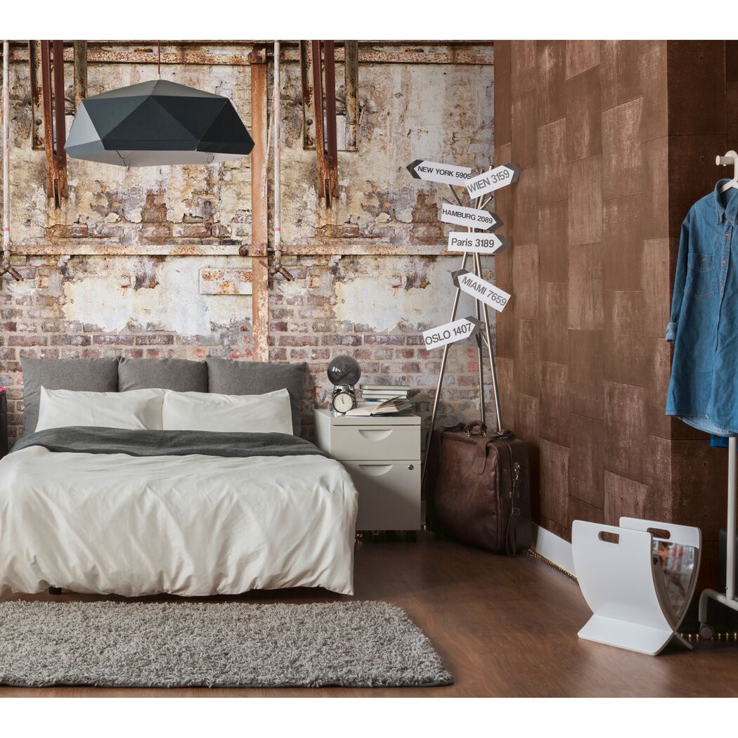 Schlafzimmer mit Fototapete Steinwand