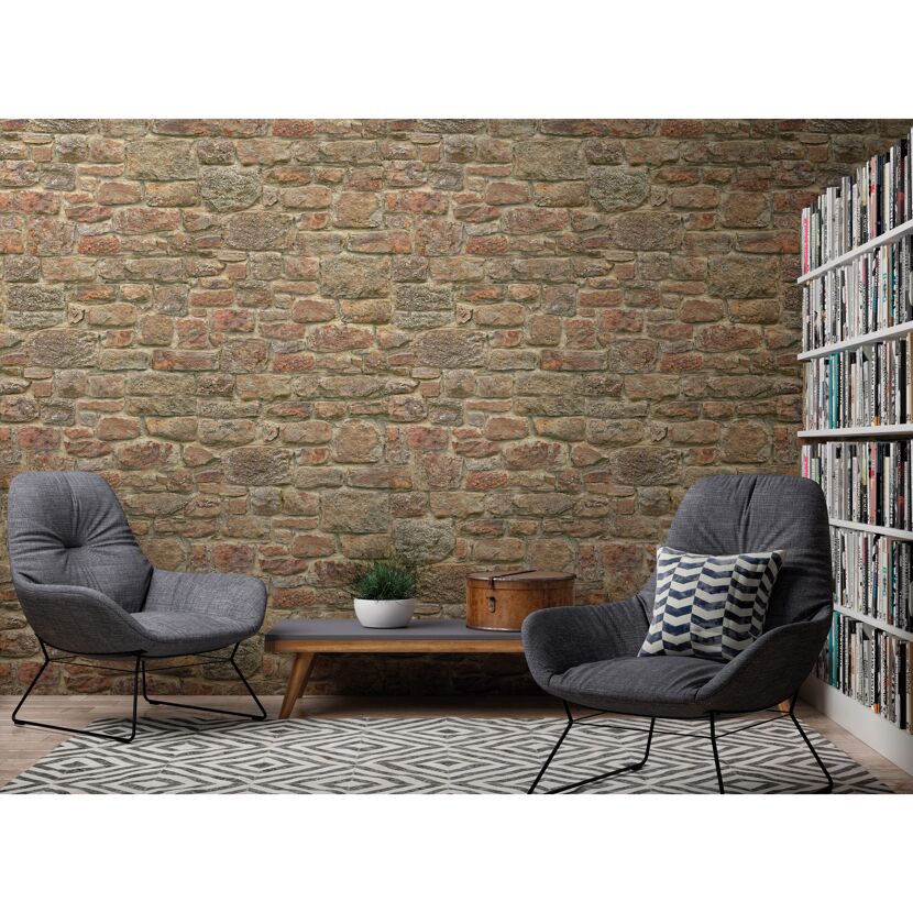 Wohnzimmer mit Steinwand